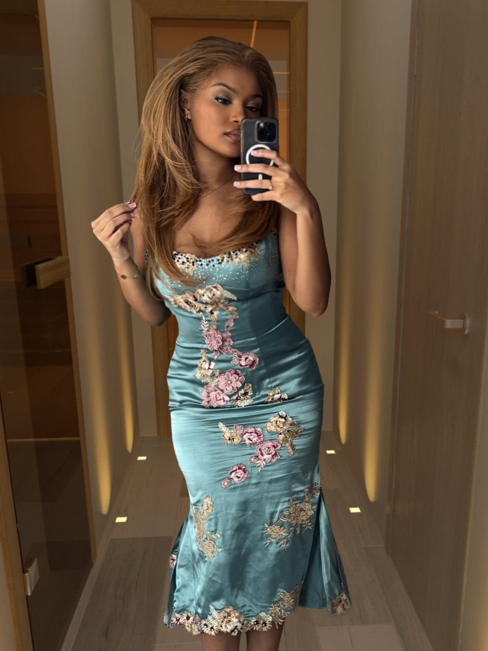 Aqua Floral Embroidered Midi Dress with Lace Trim - Picture 6 of 6